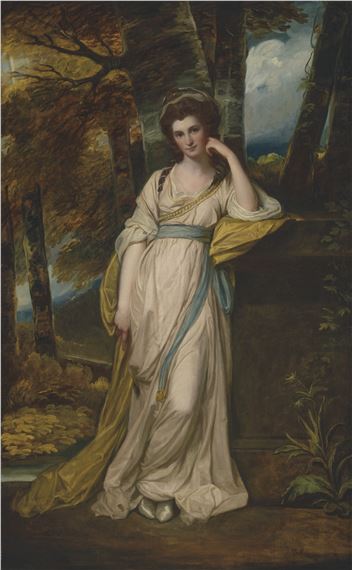 Portrait of Mrs Deborah Jemima Maxwell (1755-1789), full-length, in a pale pink dress with a blue sash and a yellow wrap, in a wooded landscape