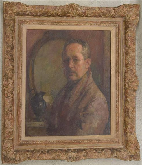 A framed portrait of a man with glasses and a scarf, rendered in soft, impressionistic brushstrokes.