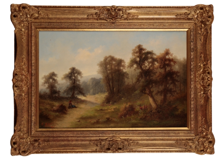 Ada Stone | A figure and a dog at rest on a tree lined path | MutualArt