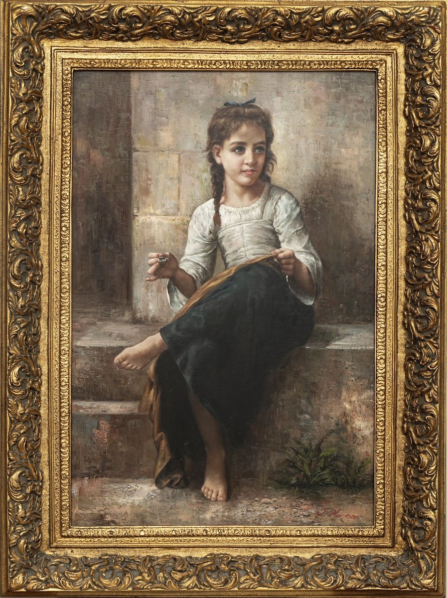 Artwork by William Adolphe Bouguereau,  GIRL SEWING, Made of OIL ON CANVAS