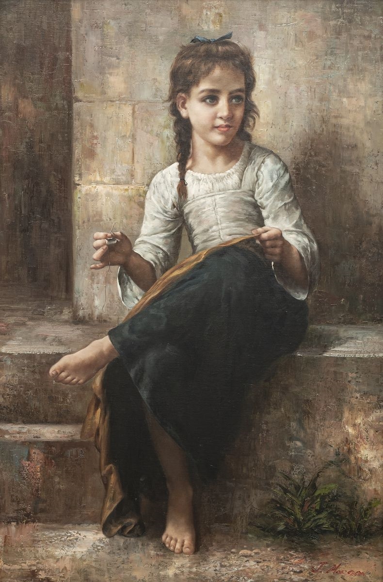 Artwork by William Adolphe Bouguereau,  GIRL SEWING, Made of OIL ON CANVAS