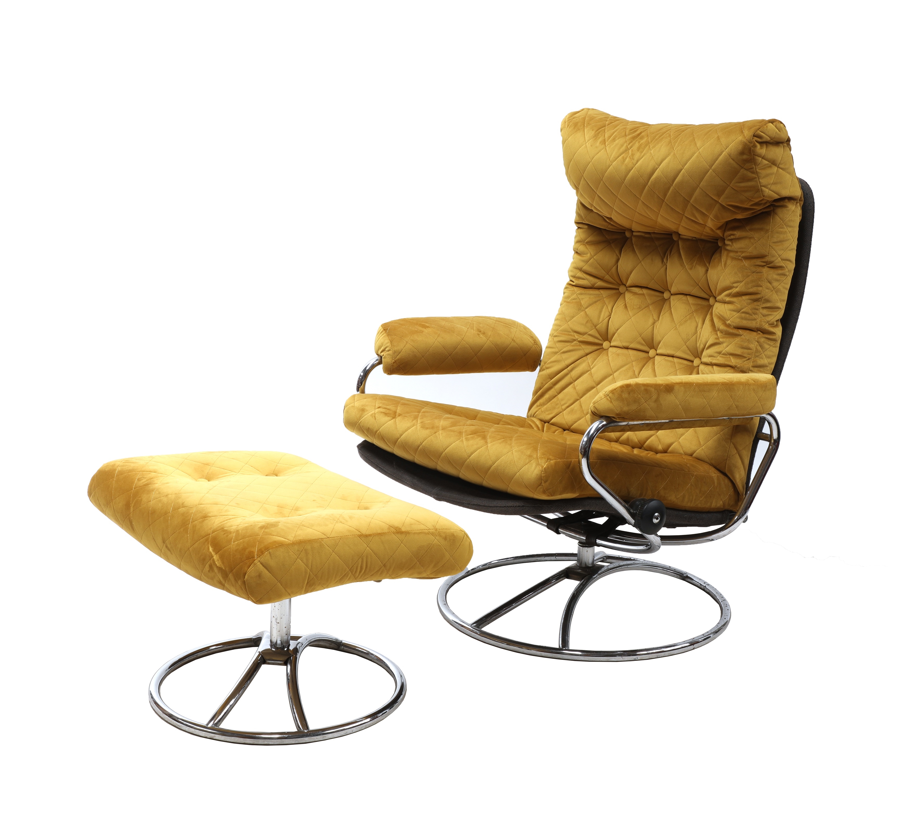 Artwork by J. E Ekornes, A Norwegian 'Stressless' reclining armchair and footstool, Made of yellow velvet