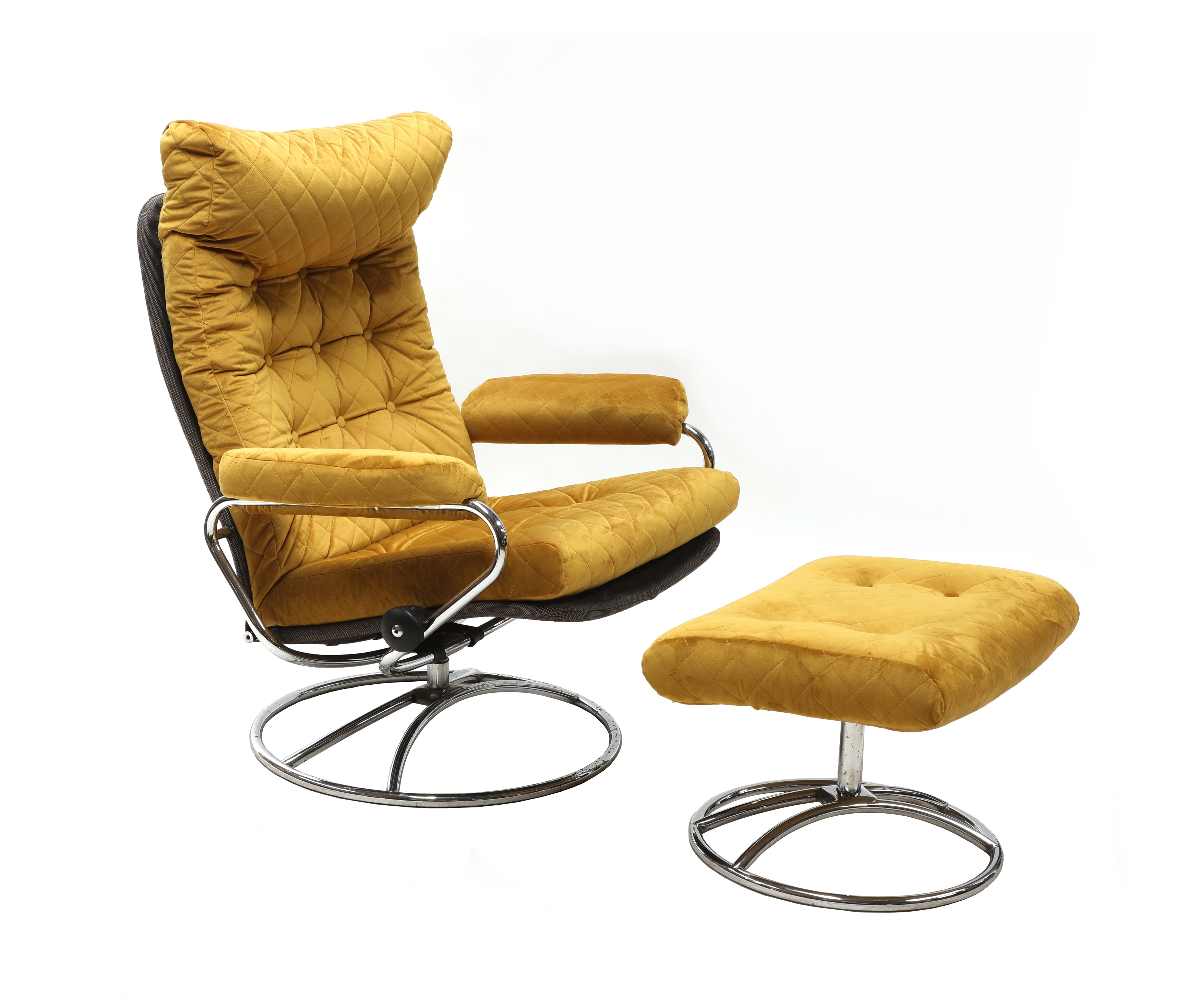 Artwork by J. E Ekornes, A Norwegian 'Stressless' reclining armchair and footstool, Made of yellow velvet