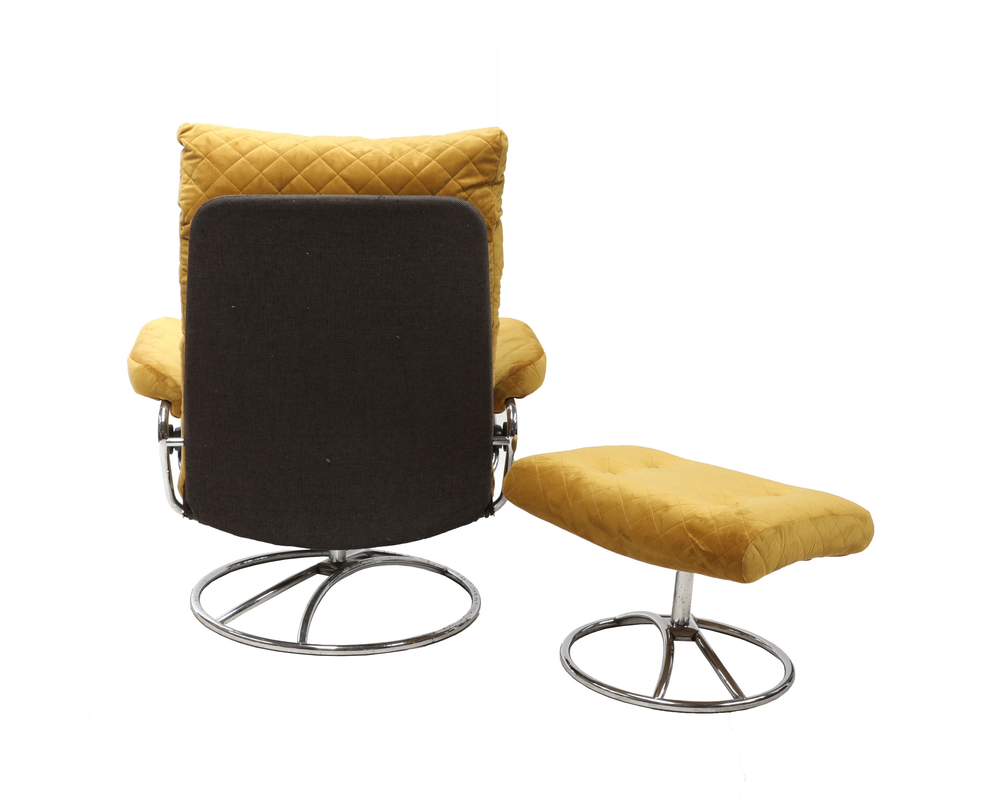 Artwork by J. E Ekornes, A Norwegian 'Stressless' reclining armchair and footstool, Made of yellow velvet