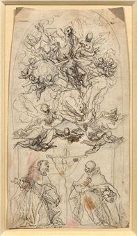 St. Francis and St. Dominic kneeling before the vision of the Trinity - Luigi Benfatto