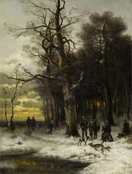 Jäger mit Hunden an einem Wintertag by Conrad Wimmer