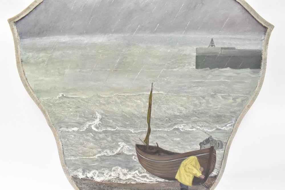 Laetitia Yhap | 'Alone', coastal scene with single figure beside a boat ...