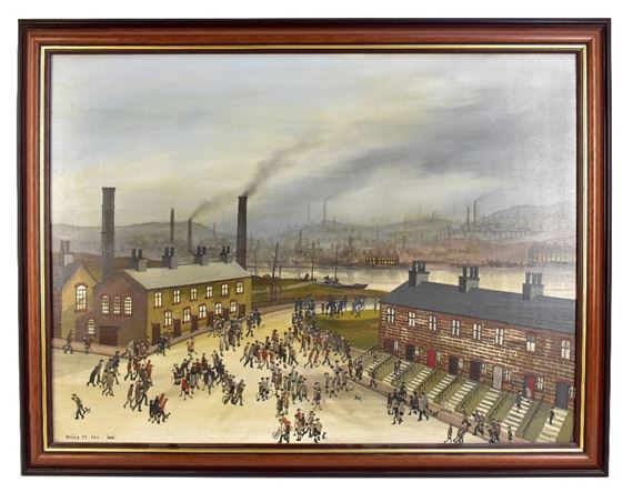 industrial river landscape with numerous figures in foreground and smoking chimneys beyond by Brian Shields, 1977