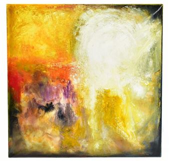 A vibrant abstract painting featuring a dynamic blend of warm and cool colors.