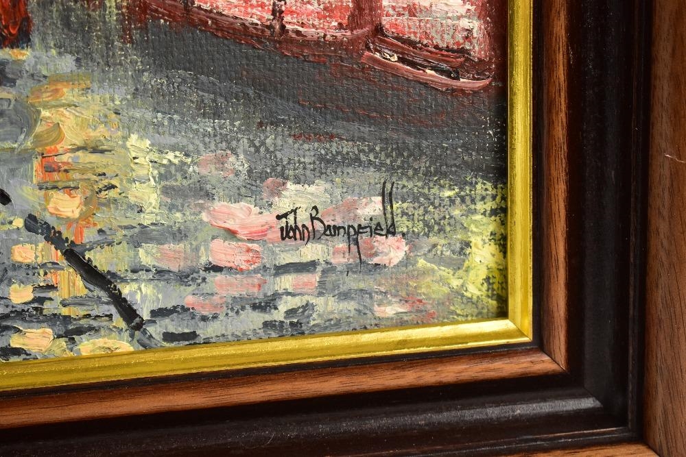 John Bampfield street scene with figures beneath a street lamp