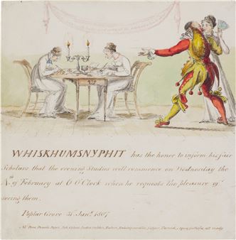 A satirical print depicting a scholarly study interrupted by a theatrical performance.