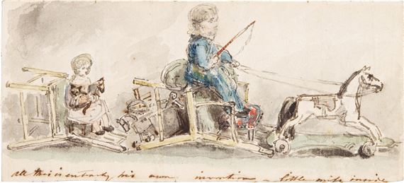 The artist's children playing 'the coach driver': probably John Charles Constable (1817-1847) and Maria Louisa (1819-1785) by John Constable, circa 1820
