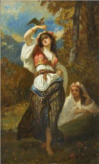 Young woman admiring a parrot - Louis Devedeux