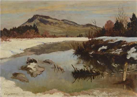 southern German winter landscape by the lake by Adolf Kapfhamer