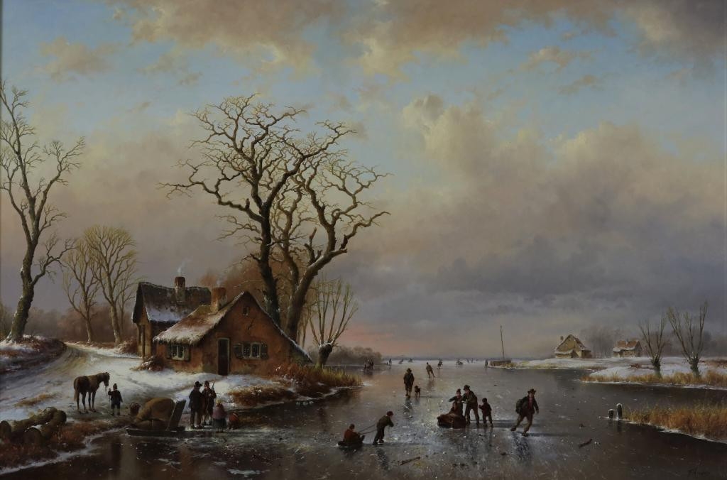 Artwork by F. Arends, Winter landscape with skaters, Made of board