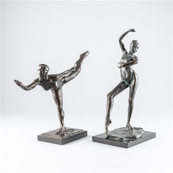 a pair of bronze sculptures of dancers raised upon marble bases by Edgar Degas