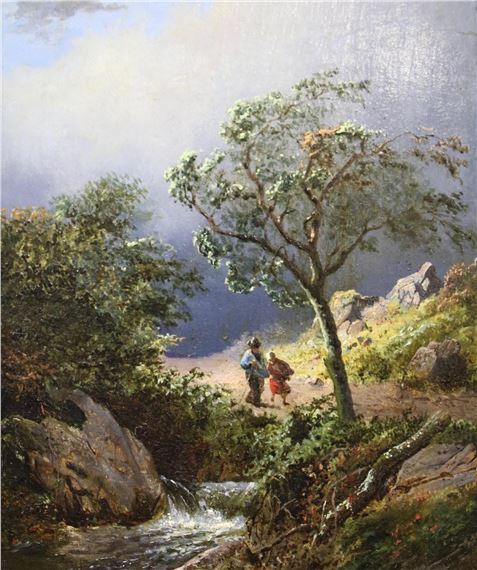 Reizigers in een winderig landschap