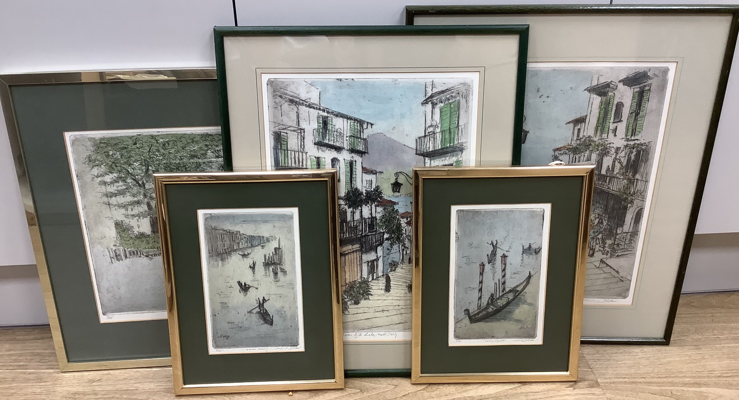 Artwork by Michael Blake, Five coloured etchings, including Brighton, Venice and Northern Italy, Made of coloured etchings