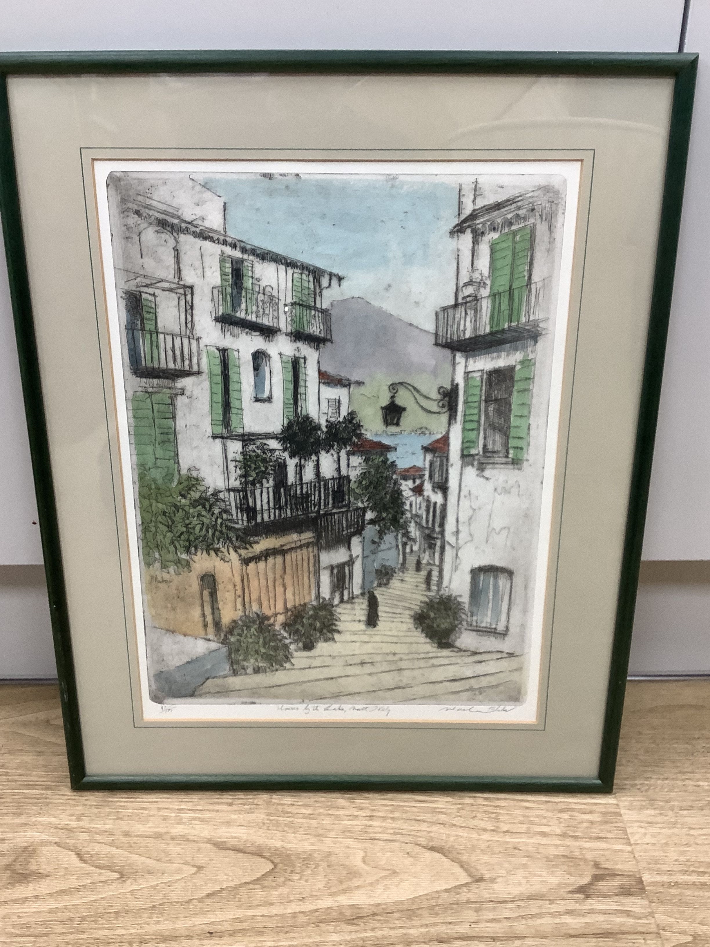 Artwork by Michael Blake, Five coloured etchings, including Brighton, Venice and Northern Italy, Made of coloured etchings