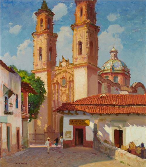 Figures outside Taxco Cathedral by Arthur Grover Rider