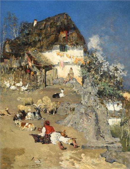 Goatherders at rest before a rustic cottage by Nikola Mašić