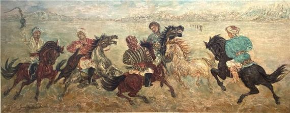 Buzkashi III - Horsemen of the Steppes playing buzkashi at Mazar-i-Sharif, Northern Afghanistan by Gerard d'Alton Henderson, 1988