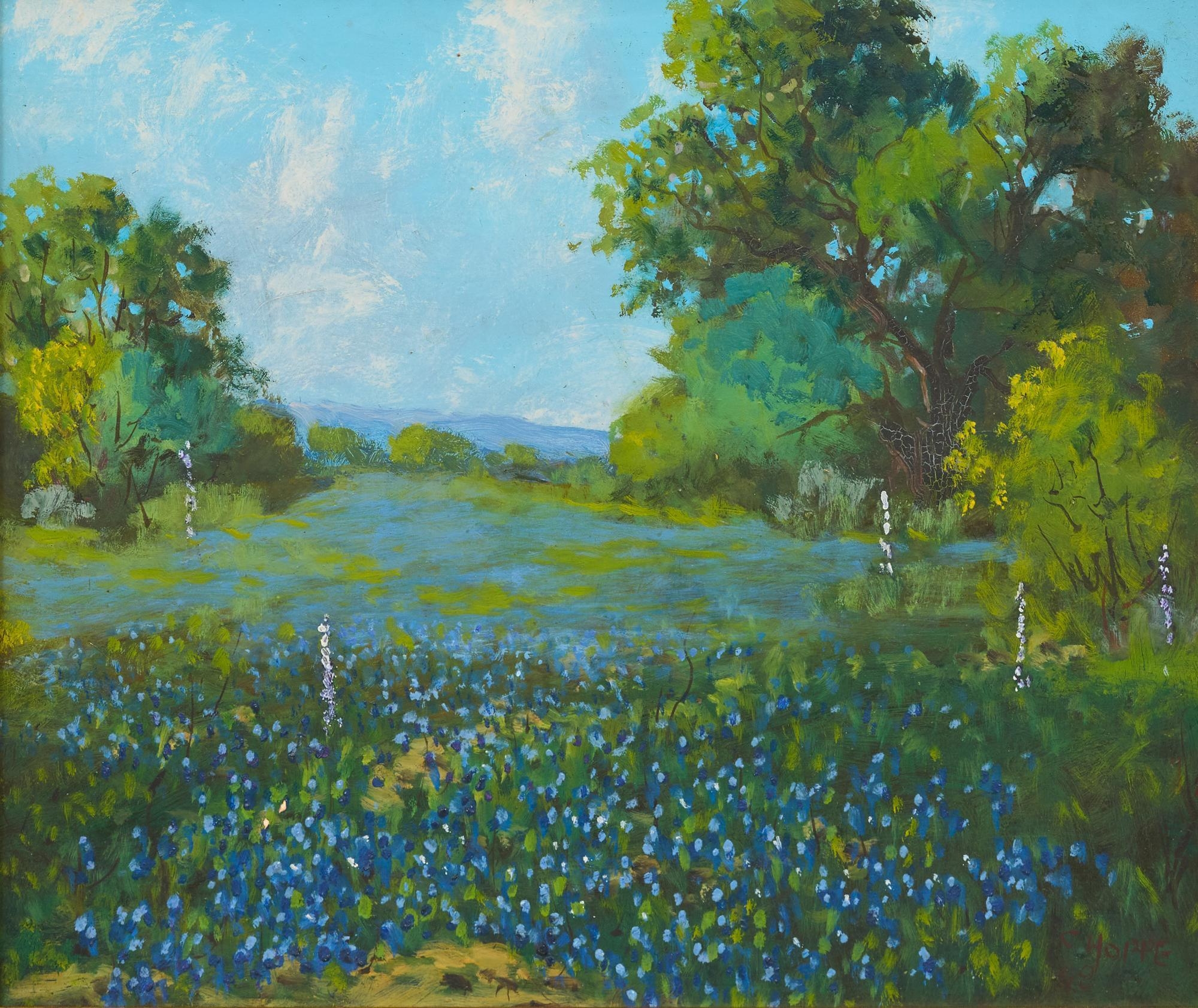 Artwork by Carl Thomas Hoppe, Bluebonnets near Camp Wood, Made of oil on board