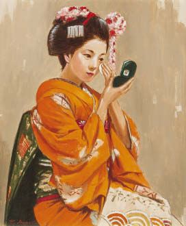 Maiko with hand mirror - Yoshitaro Araki