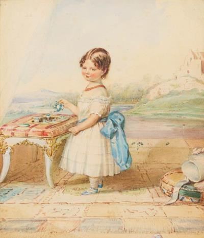 Nee Heaphy Portrait of a young girl with doll's tea set on a terrace by Mary Ann Musgrave