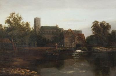 Grand church beside a river with mill house, fisherman and boat in the foreground by Richard Allam