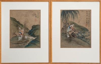 Antique Chinese Pith Landscape Watercolor Paintings, Framed - Set of 2