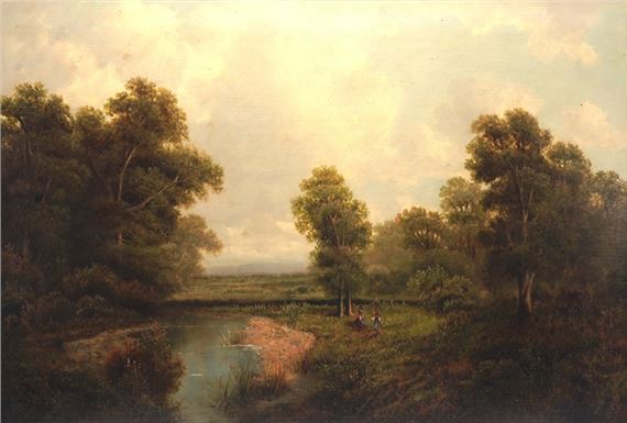 Blick auf einen Flusslauf mit Figurenstaffage by Albert Lang