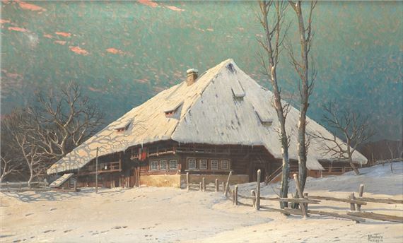 Blick auf eingeschneiten Schwarzwaldhof bei Menzenschwand von der Abendsonne beschienen im Licht der Dämmerung by Karl Hauptmann, 1916
