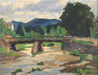 Sonnige baumbestandene Flusslandschaft mit Holzbrücke - Emil Axmacher