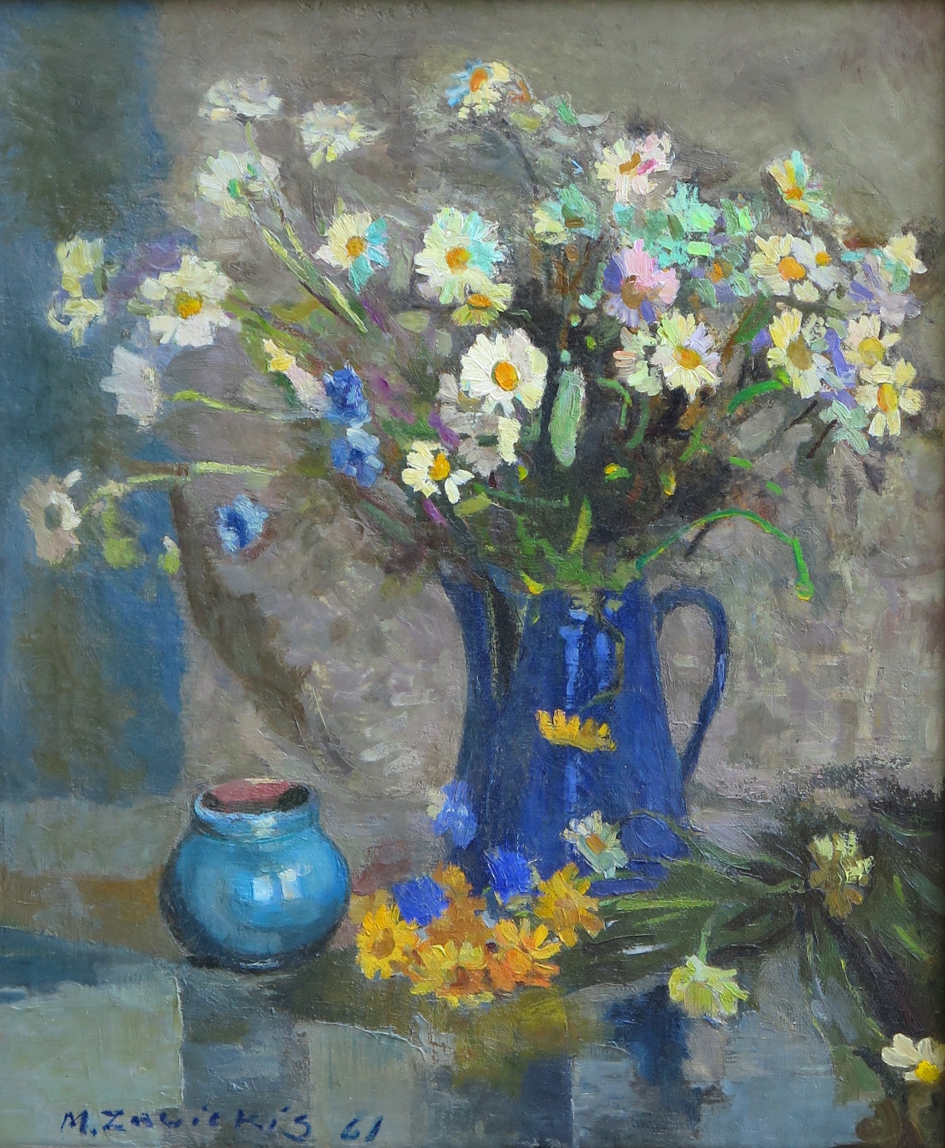 Artwork by Matīss Zavickis, Klusā daba ar ziediem, Made of canvas, oil