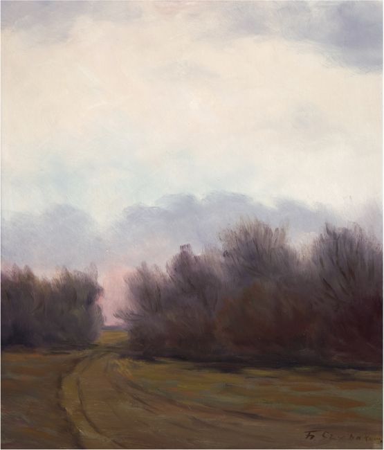 Artwork by Fedor Szerbakow, Sonnenuntergang über dem Worpswerder Moor, Made of Oil on masonite