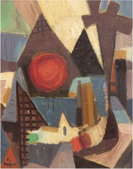 Kubistische Dorflandschaft by Carl Heuer, um 1950