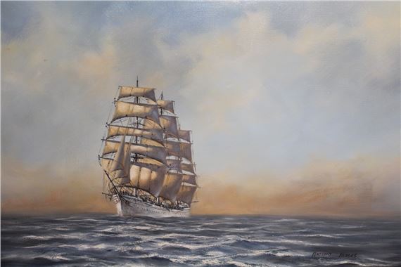 Three masted clipper under full sail at sea by Anthony Hedges