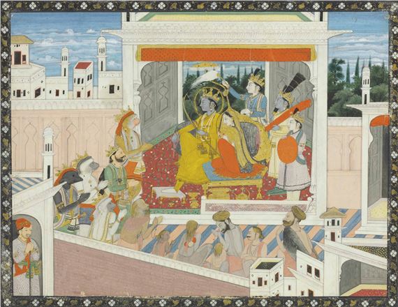 A folio from the Ramayana : The Coronation of Rama by Guler School, 19th Century, circa 1840