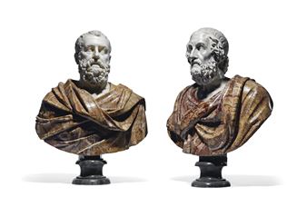 A PAIR OF CARVED MARBLE AND ORIENTAL ALABASTER BUSTS OF HOMER AND PLATO - Italian School, 17th Century