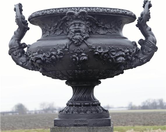 A Large French cast-iron vase with female herm-shaped handles by Jean-Jacques Ducel, 19th Century
