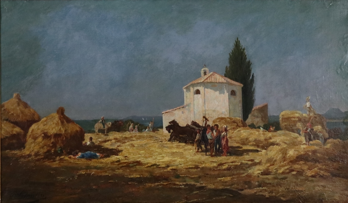 Artwork by Paul Valantin, Rast bei der Heuernte in von der mediterranen Sonne lichtdurchfluteten Küstenlandschaft mit Kapelle, Made of oil on canvas