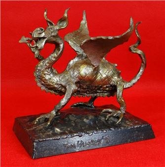 Rampant dragon with one leg raised on a steel square base - Tom Hughes