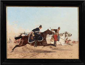 Two Cavalrymen in Battle Signed "G - Gustav Wie