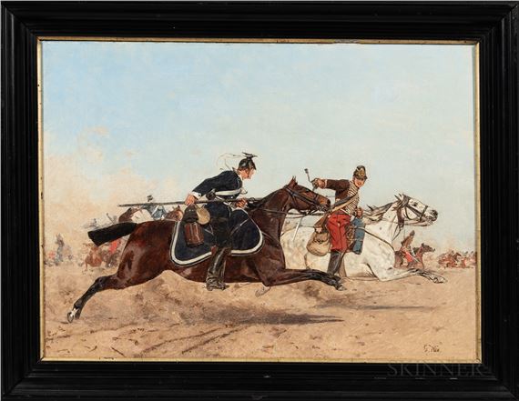 Two Cavalrymen in Battle Signed "G - Gustav Wie