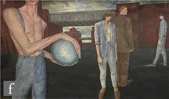 Group of figures in an industrial landscape by Rod Judkins