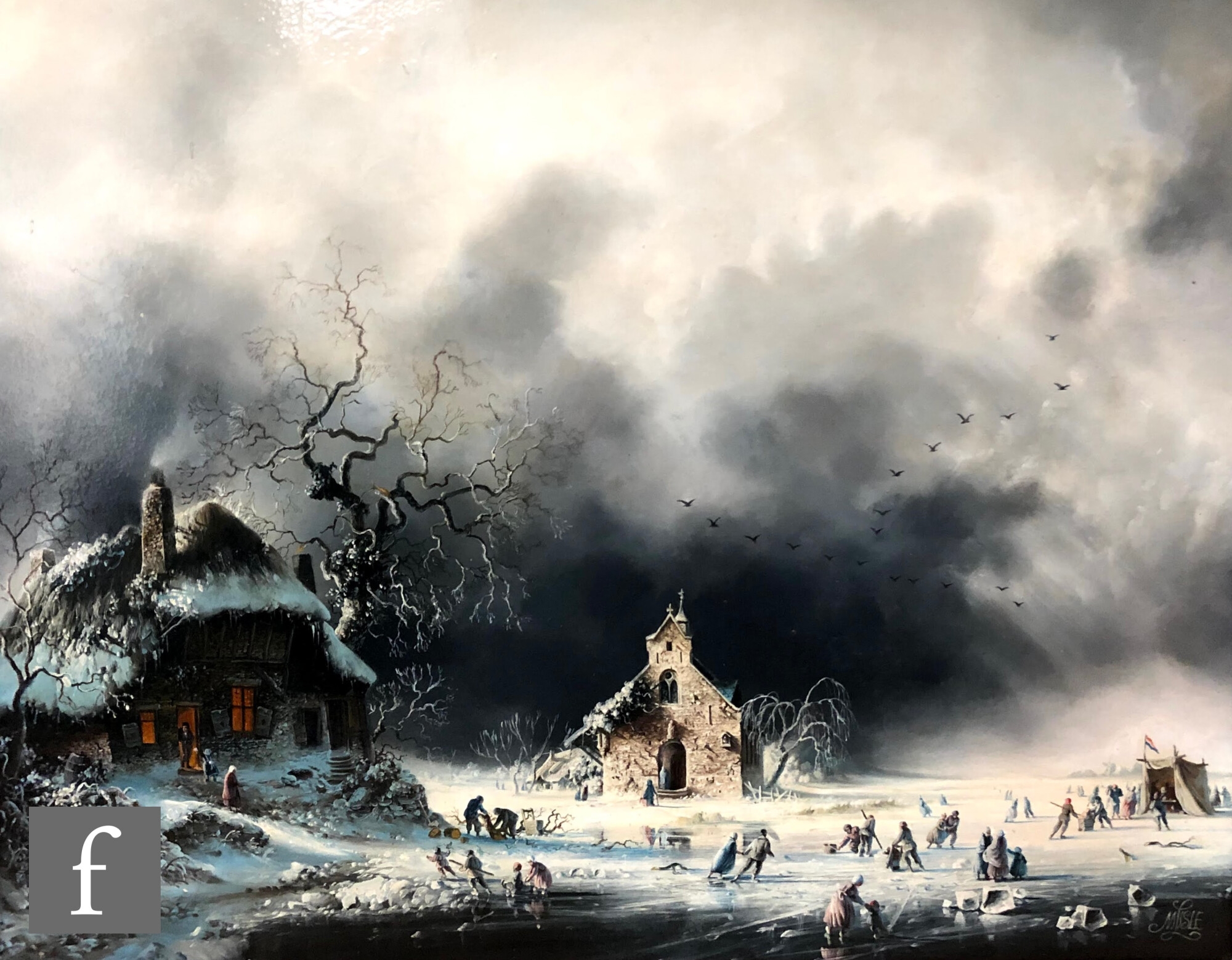 Artwork by Margaret Lisle, Dutch winter scene with figures skating on a frozen lake,  similar study of castle ruins, Made of oil on panel (2)
