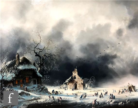 Dutch winter scene with figures skating on a frozen lake,  similar study of castle ruins by Margaret Lisle