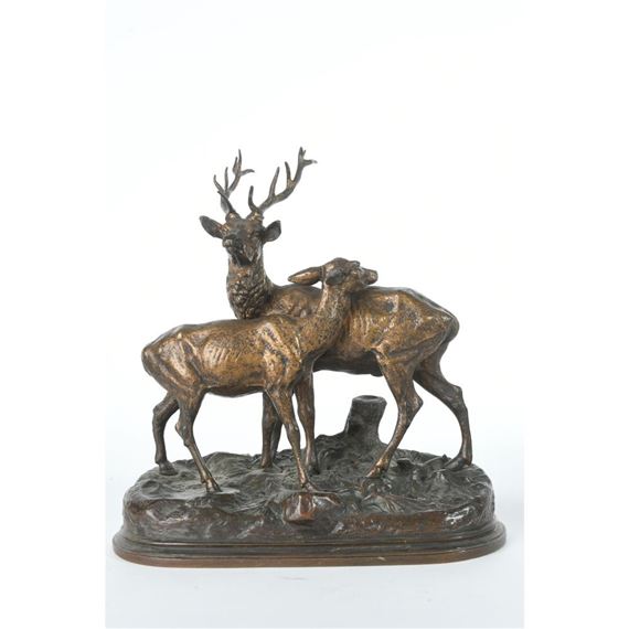 Alfred Dubucand Cerf Et Biche Sur Une Terrasse Feuillagee Mutualart