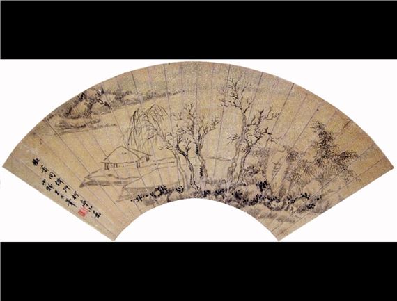 Motif of a literati hut by a winter river among dry trees - Kobayashi Mimata Hitsu